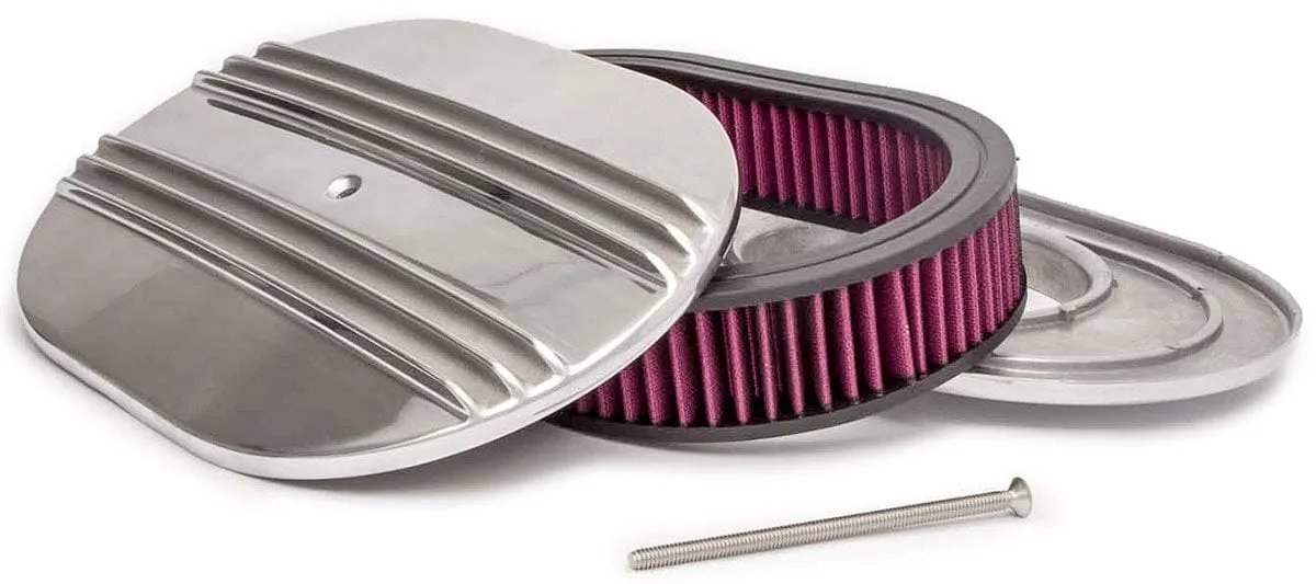12" x 2" Finned Oval Air Cleaner, Nostalgic Polished Top & Base with Washable El