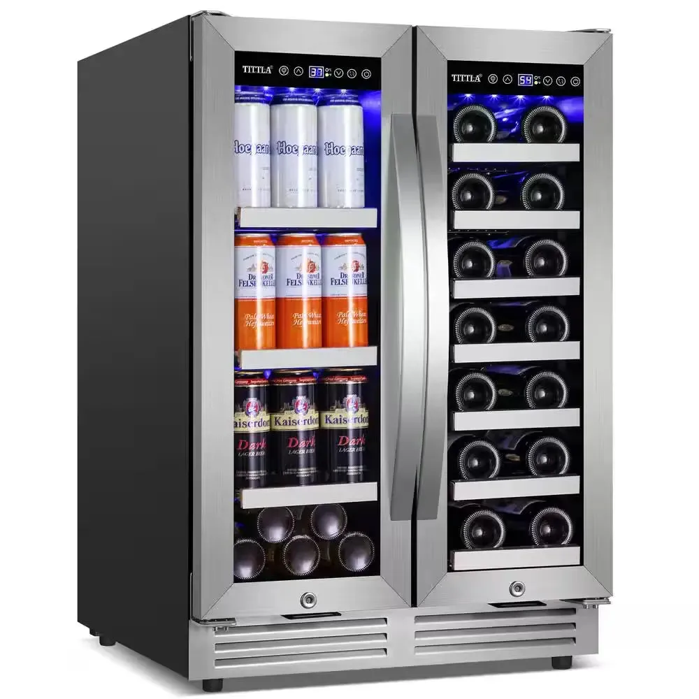 23.47 In. Dual Zone 18-Wine Bottles and 57-Cans Beverage and Wine Cooler in Silver Two Shape of Door Handles Blue Leds