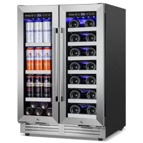 23.47 In. Dual Zone 18-Wine Bottles and 57-Cans Beverage and Wine Cooler in Silver Two Shape of Door Handles Blue Leds