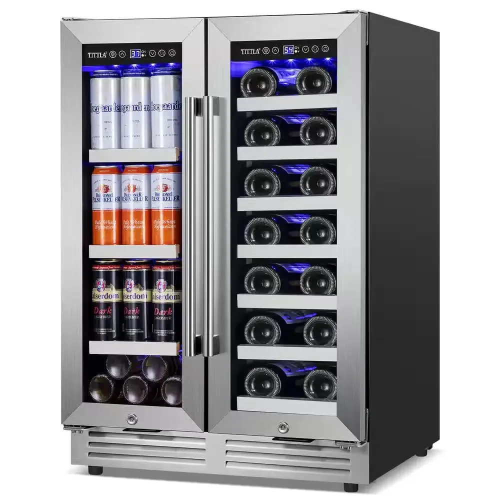 23.47 In. Dual Zone 18-Wine Bottles and 57-Cans Beverage and Wine Cooler in Silver Two Shape of Door Handles Blue Leds