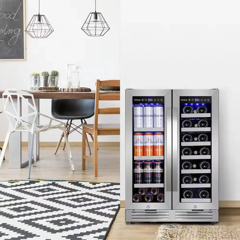 23.47 In. Dual Zone 18-Wine Bottles and 57-Cans Beverage and Wine Cooler in Silver Two Shape of Door Handles Blue Leds