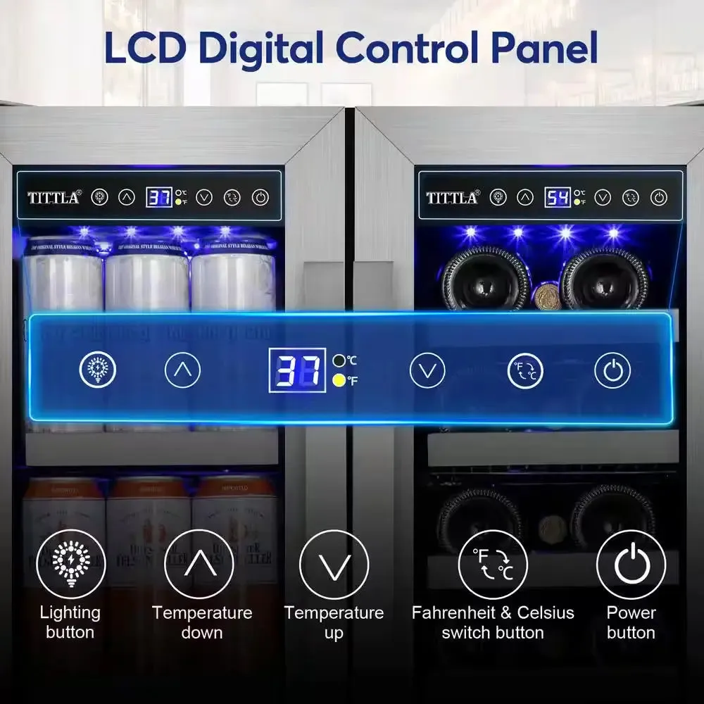 23.47 In. Dual Zone 18-Wine Bottles and 57-Cans Beverage and Wine Cooler in Silver Two Shape of Door Handles Blue Leds