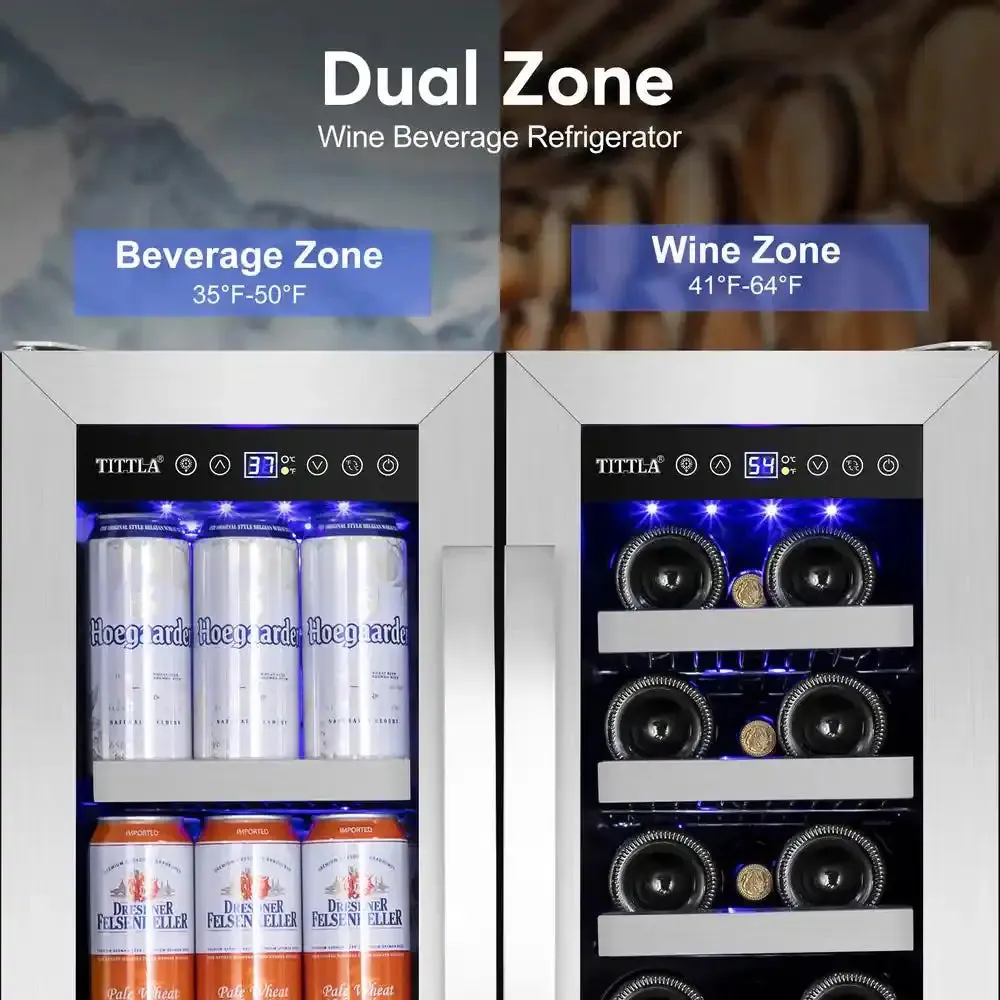 23.47 In. Dual Zone 18-Wine Bottles and 57-Cans Beverage and Wine Cooler in Silver Two Shape of Door Handles Blue Leds