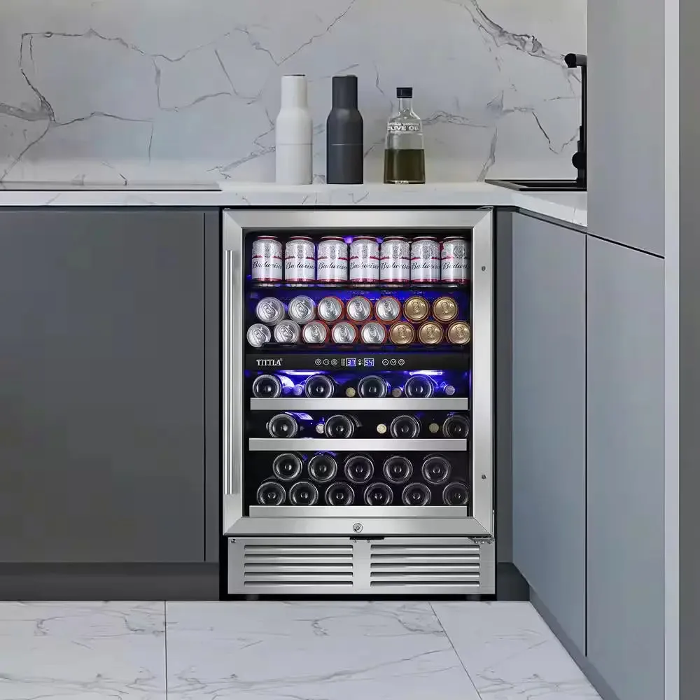 23.47 In. Dual Zone 18-Wine Bottles and 57-Cans Beverage and Wine Cooler in Silver Two Shape of Door Handles Blue Leds