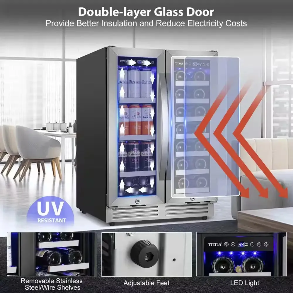 23.47 In. Dual Zone 18-Wine Bottles and 57-Cans Beverage and Wine Cooler in Silver Two Shape of Door Handles Blue Leds