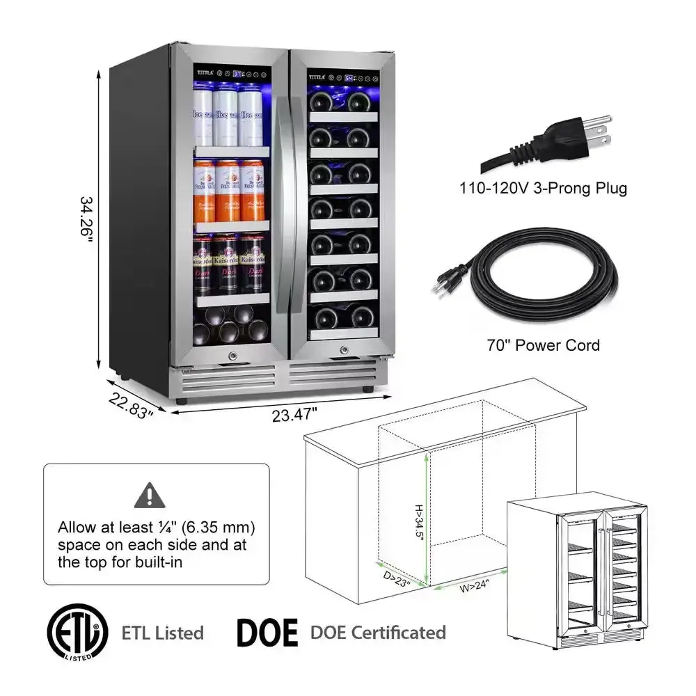 23.47 In. Dual Zone 18-Wine Bottles and 57-Cans Beverage and Wine Cooler in Silver Two Shape of Door Handles Blue Leds