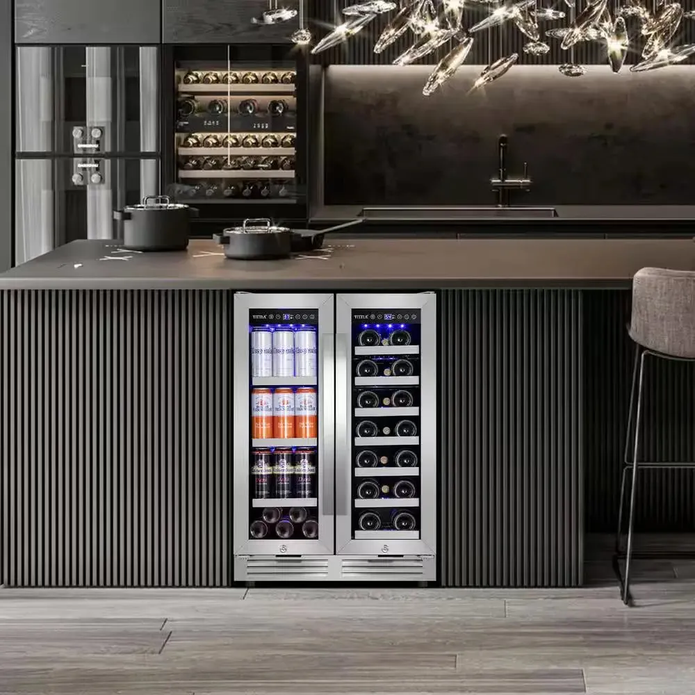23.47 In. Dual Zone 18-Wine Bottles and 57-Cans Beverage and Wine Cooler in Silver Two Shape of Door Handles Blue Leds