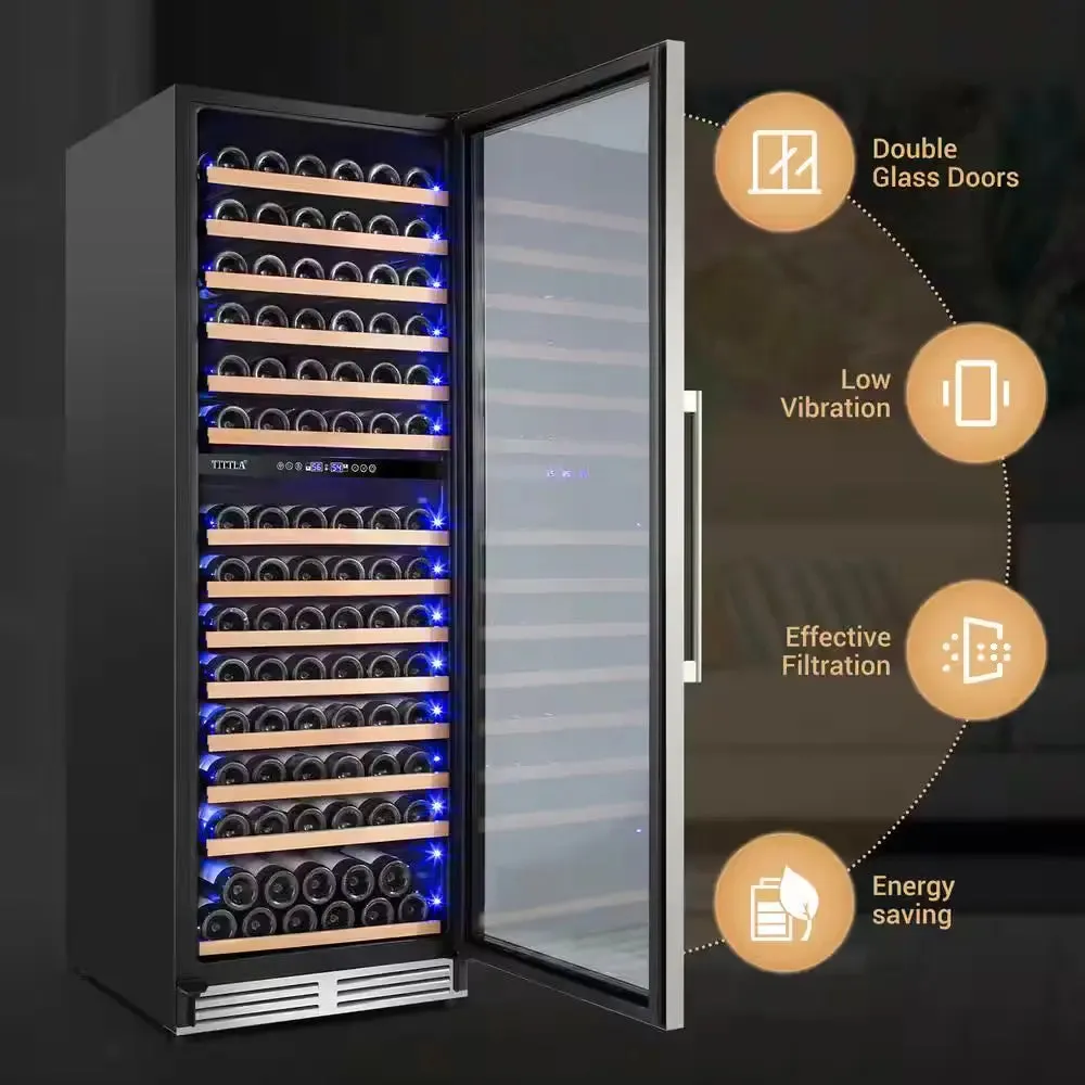 23.54 in Dual Zone Cellar Cooling Unit in Silver 154-Wine Bottles Two Shapes of Door Handles Removable Shelves Blue Leds