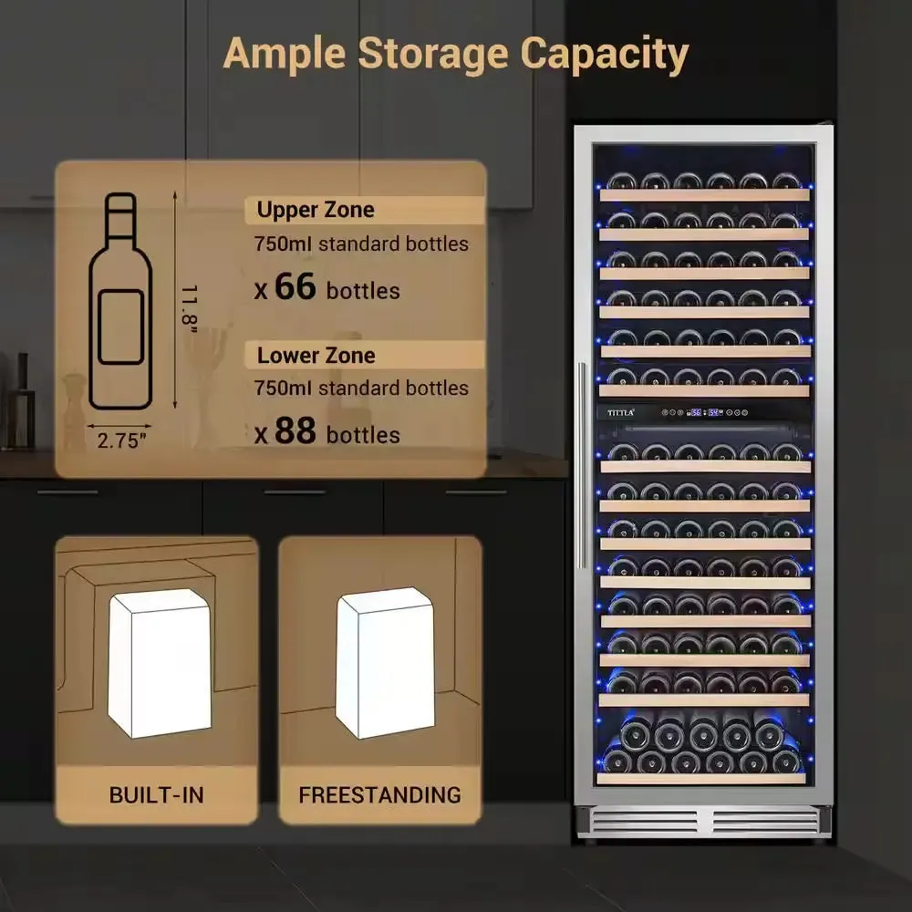 23.54 in Dual Zone Cellar Cooling Unit in Silver 154-Wine Bottles Two Shapes of Door Handles Removable Shelves Blue Leds