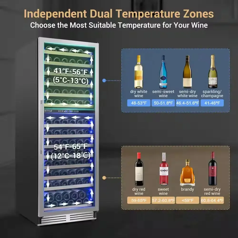23.54 in Dual Zone Cellar Cooling Unit in Silver 154-Wine Bottles Two Shapes of Door Handles Removable Shelves Blue Leds