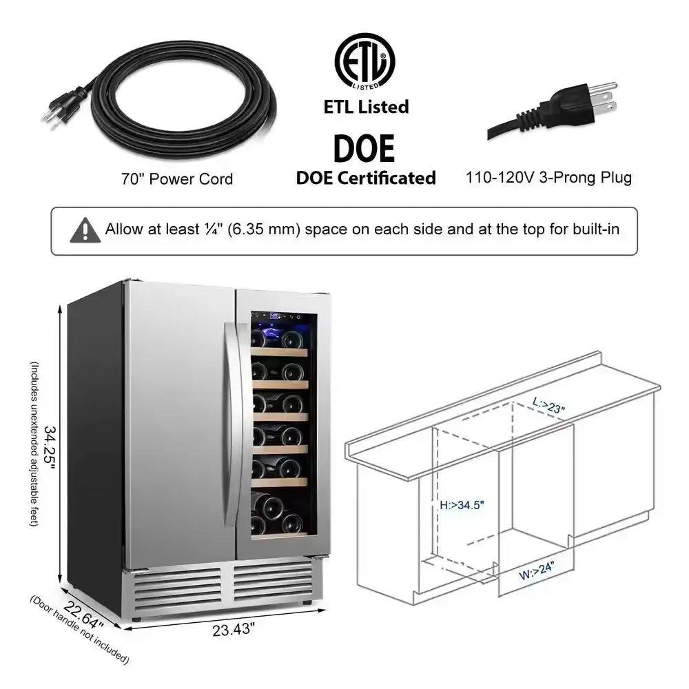 24 In. Dual Zone 18 Wine Bottles and 57 Cans Beverage & Wine Cooler in Silver Built in and Freestanding Blue Leds