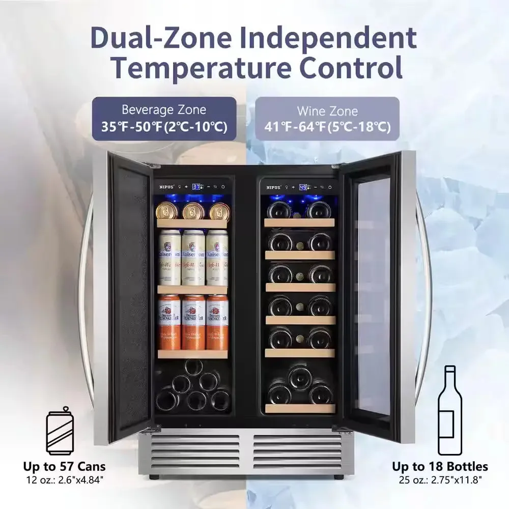 24 In. Dual Zone 18 Wine Bottles and 57 Cans Beverage & Wine Cooler in Silver Built in and Freestanding Blue Leds