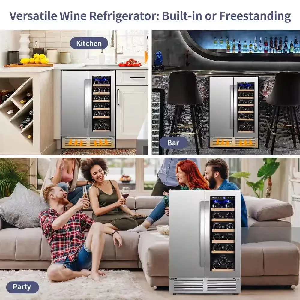 24 In. Dual Zone 18 Wine Bottles and 57 Cans Beverage & Wine Cooler in Silver Built in and Freestanding Blue Leds