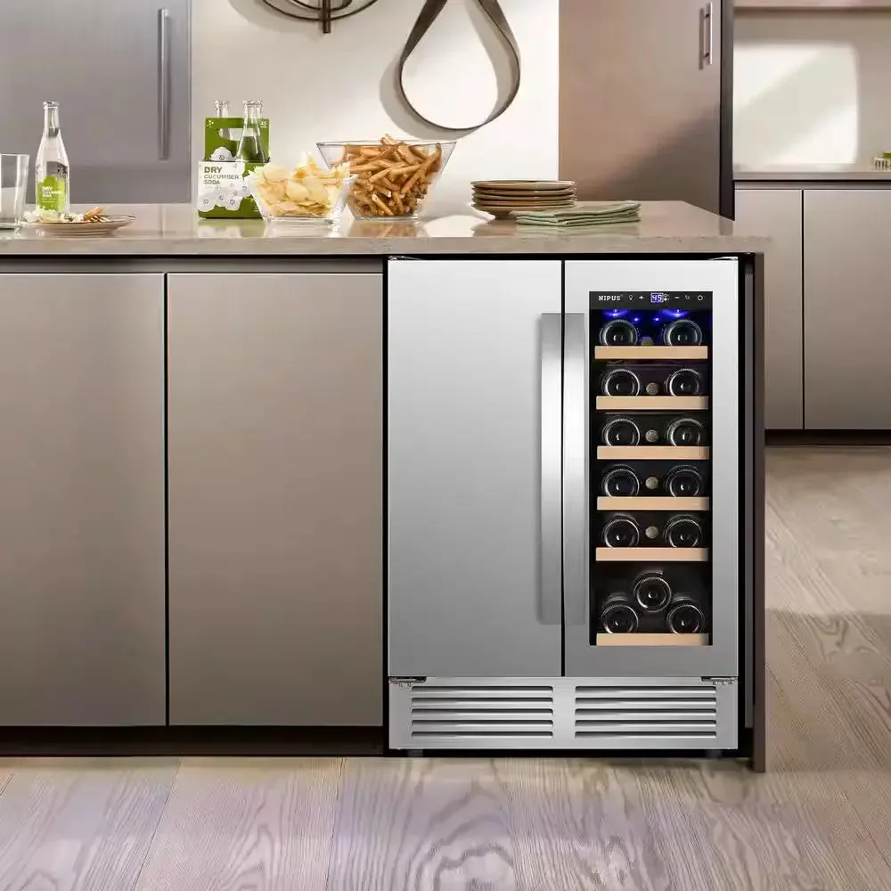 24 In. Dual Zone 18 Wine Bottles and 57 Cans Beverage & Wine Cooler in Silver Built in and Freestanding Blue Leds