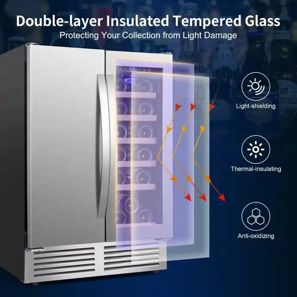 24 In. Dual Zone 18 Wine Bottles and 57 Cans Beverage & Wine Cooler in Silver Built in and Freestanding Blue Leds
