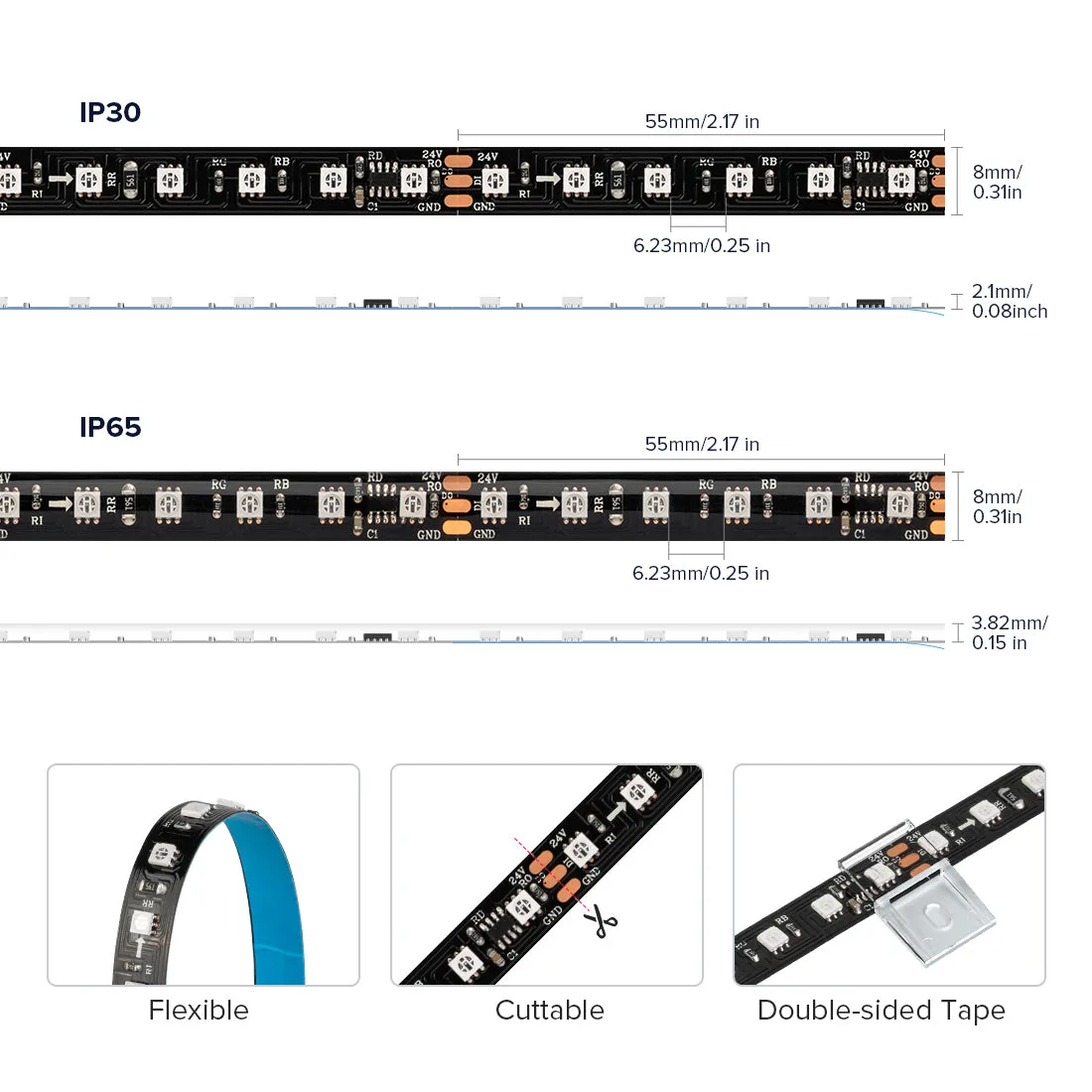 2835SMD WS2811 LED Strip Chasing Color 108LEDs/M External Bright Addressable 8mm Tape DC 24V