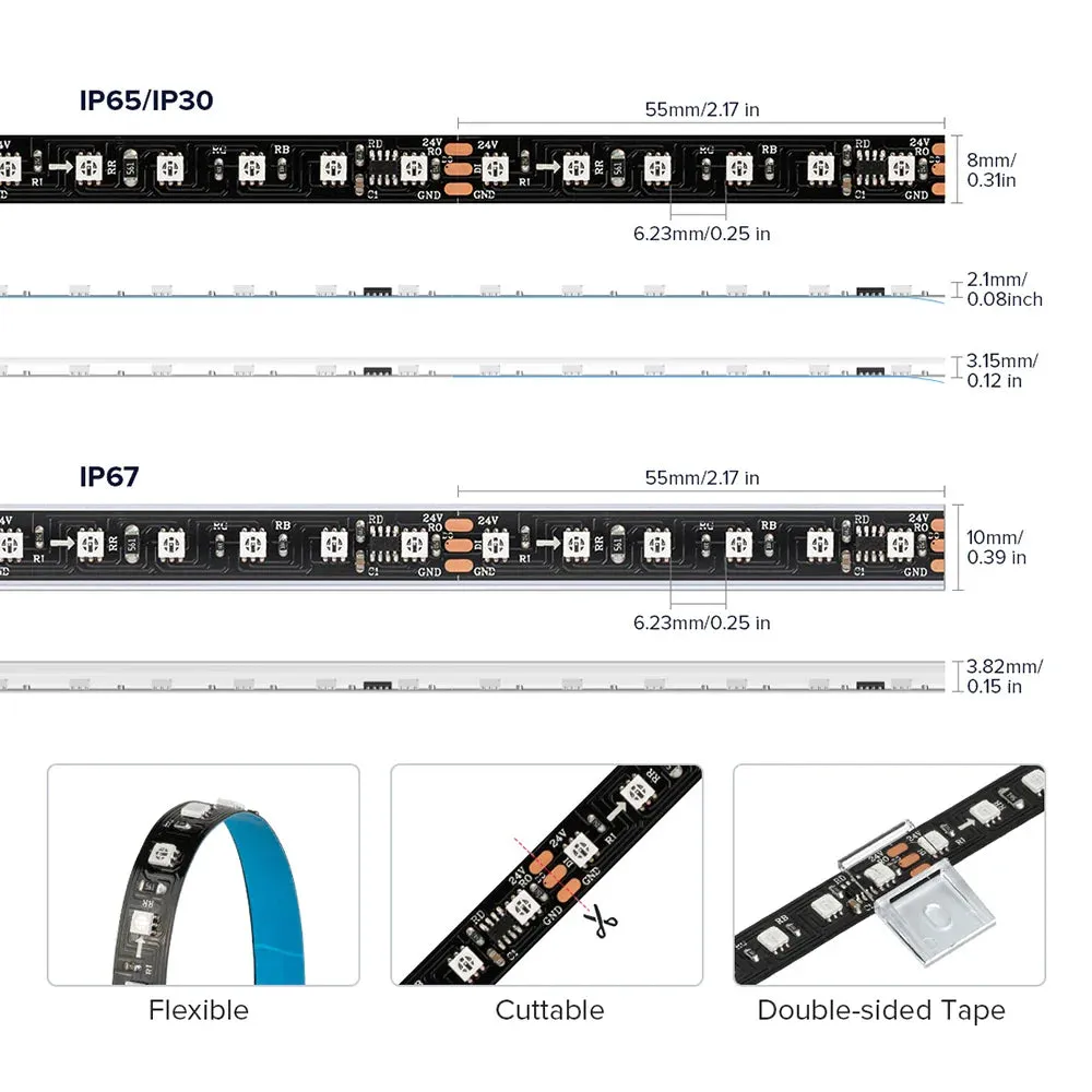 2835SMD WS2811 LED Strip Chasing Color 108LEDs/M External Bright Addressable 8mm Tape DC 24V