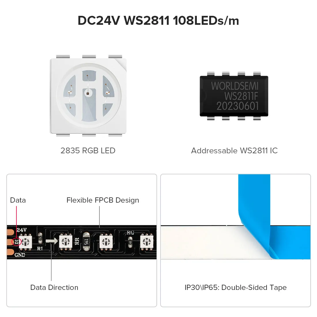 2835SMD WS2811 LED Strip Chasing Color 108LEDs/M External Bright Addressable 8mm Tape DC 24V