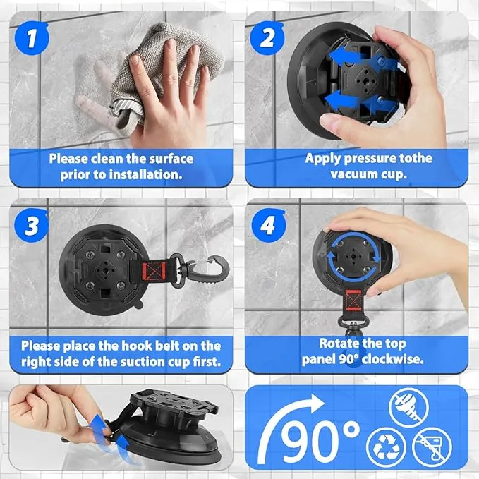 2PCS Upgrade Heavy Duty Rotating Vacuum Suction Cups Anchor Hooks With 2PCS Buckles ,Large Hook Suction Cup Hangers,Strong Suction Cup Hook for RV Awning Camping Outdoor,Window Suction Cups With Hook