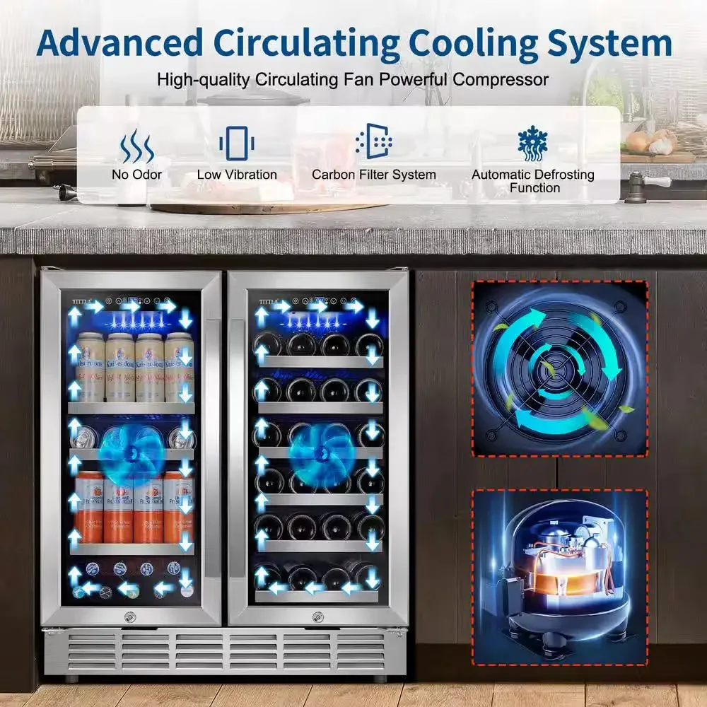 30.31 In. Dual Zone 33-Wine Bottles and 80-Cans Beverage, Wine Cooler in Silver Shutter Shape Front Heat Vent Blue Leds