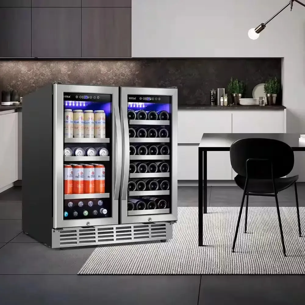 30.31 In. Dual Zone 33-Wine Bottles and 80-Cans Beverage, Wine Cooler in Silver Shutter Shape Front Heat Vent Blue Leds