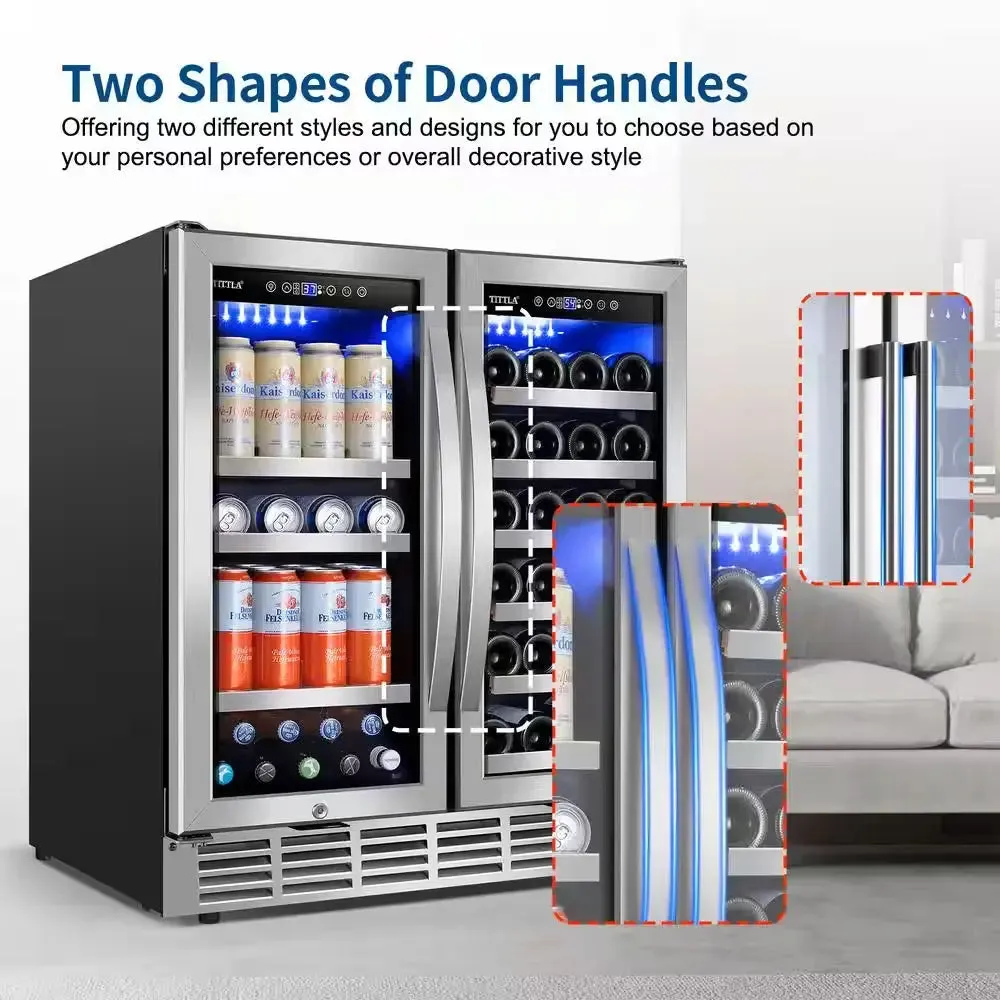 30.31 In. Dual Zone 33-Wine Bottles and 80-Cans Beverage, Wine Cooler in Silver Shutter Shape Front Heat Vent Blue Leds