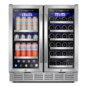 30.31 In. Dual Zone 33-Wine Bottles and 80-Cans Beverage, Wine Cooler in Silver Shutter Shape Front Heat Vent Blue Leds