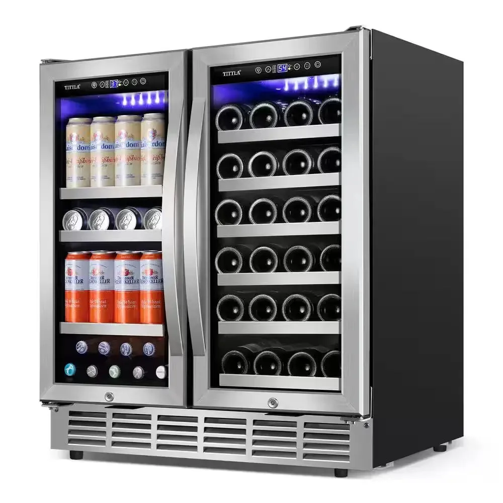 30.31 In. Dual Zone 33-Wine Bottles and 80-Cans Beverage, Wine Cooler in Silver Shutter Shape Front Heat Vent Blue Leds
