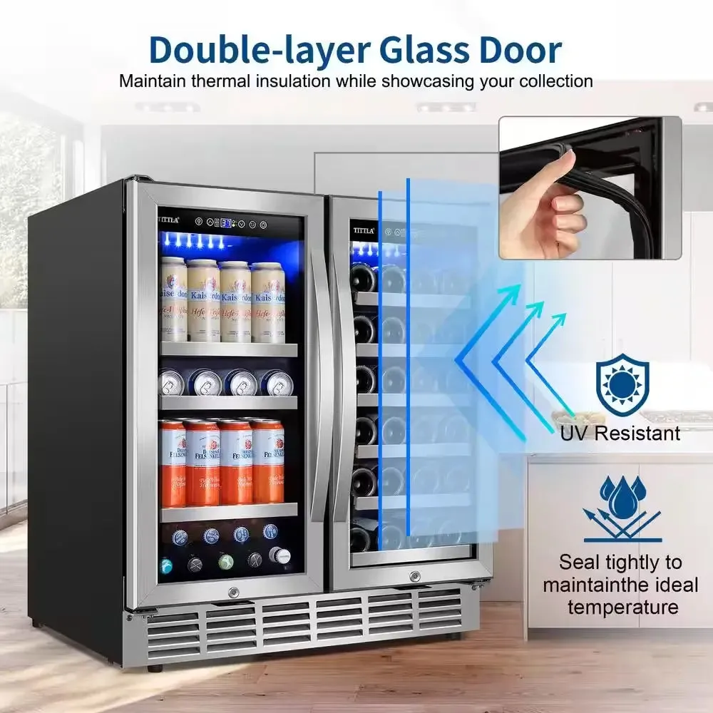 30.31 In. Dual Zone 33-Wine Bottles and 80-Cans Beverage, Wine Cooler in Silver Shutter Shape Front Heat Vent Blue Leds