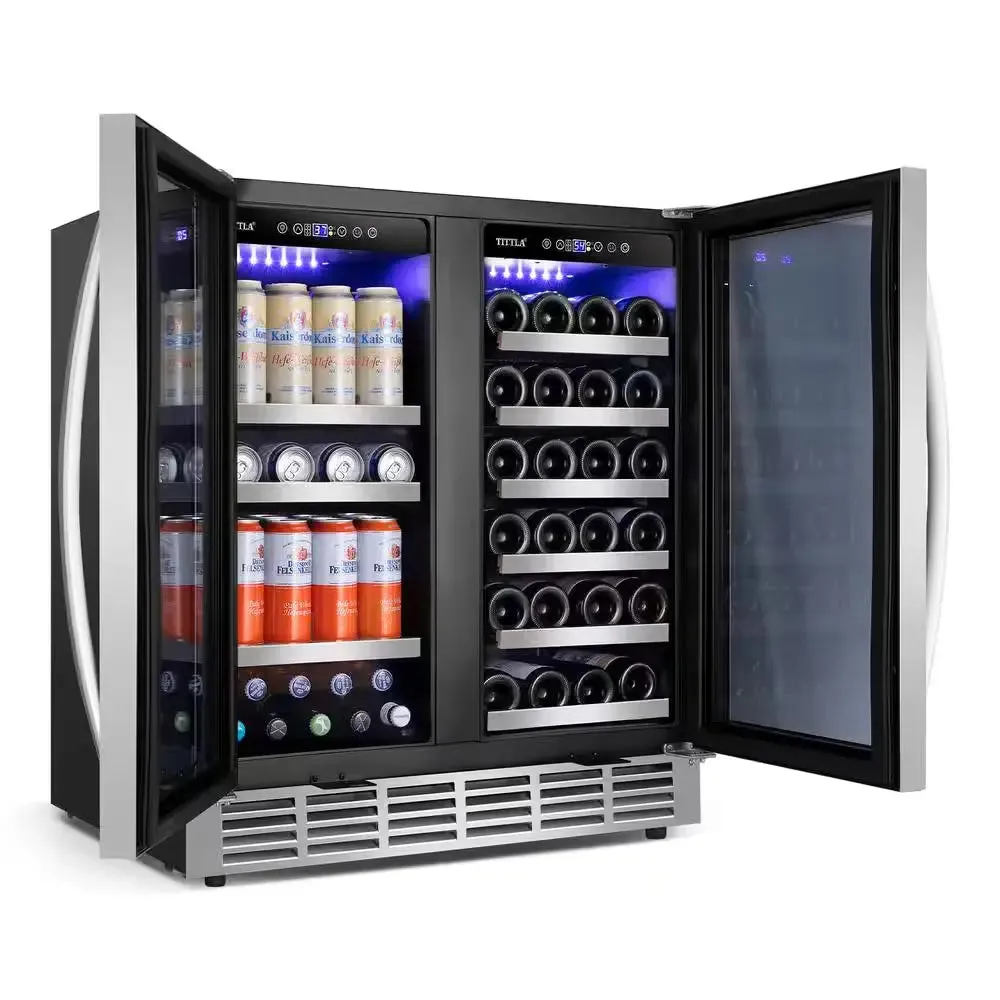 30.31 In. Dual Zone 33-Wine Bottles and 80-Cans Beverage, Wine Cooler in Silver Shutter Shape Front Heat Vent Blue Leds