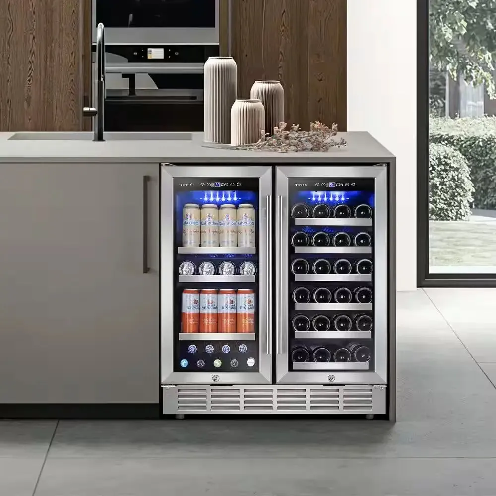 30.31 In. Dual Zone 33-Wine Bottles and 80-Cans Beverage, Wine Cooler in Silver Shutter Shape Front Heat Vent Blue Leds