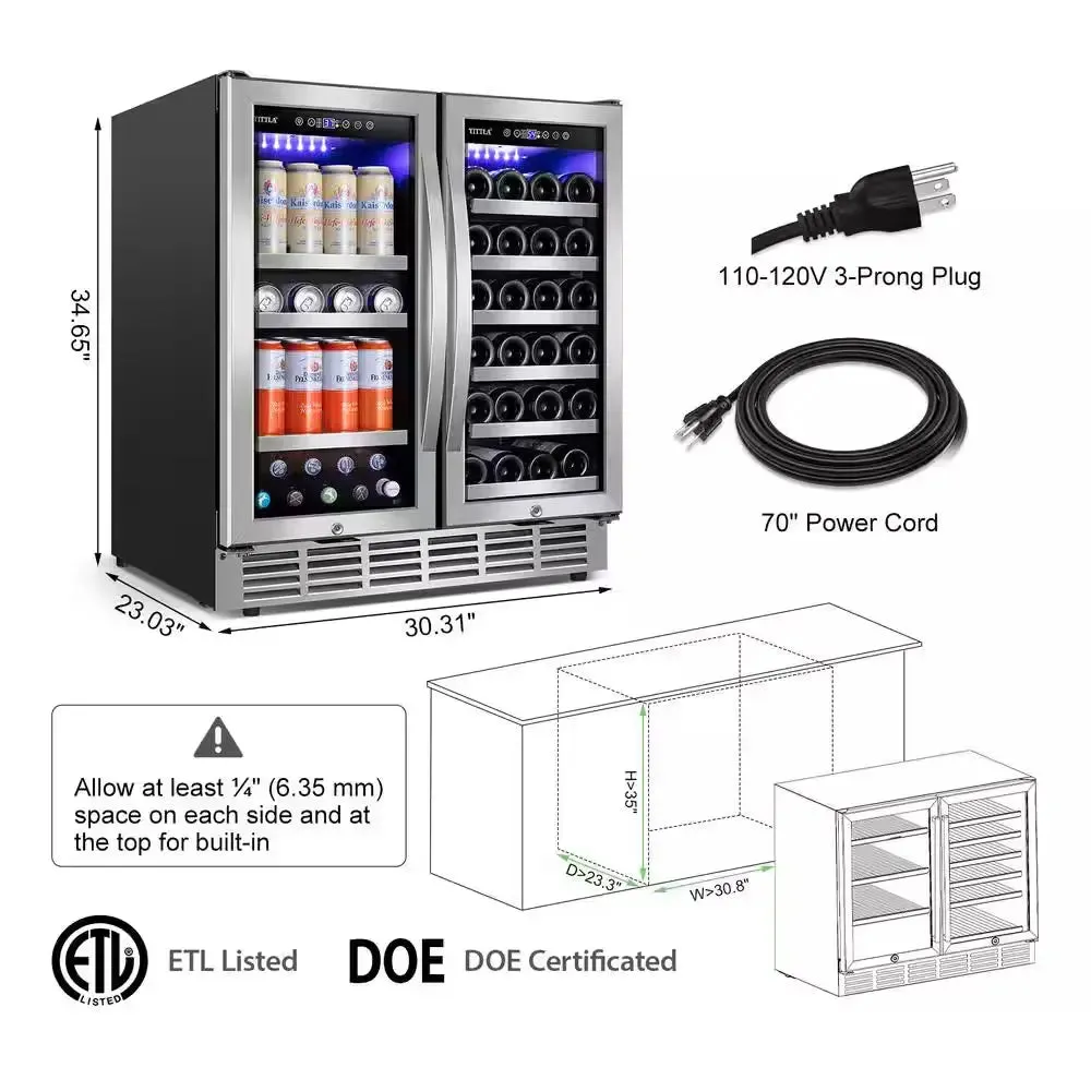 30.31 In. Dual Zone 33-Wine Bottles and 80-Cans Beverage, Wine Cooler in Silver Shutter Shape Front Heat Vent Blue Leds