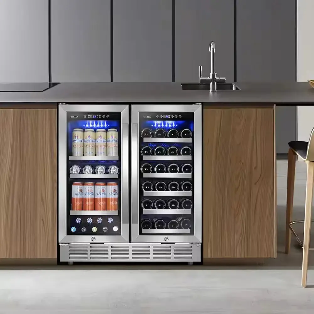 30.31 In. Dual Zone 33-Wine Bottles and 80-Cans Beverage, Wine Cooler in Silver Shutter Shape Front Heat Vent Blue Leds