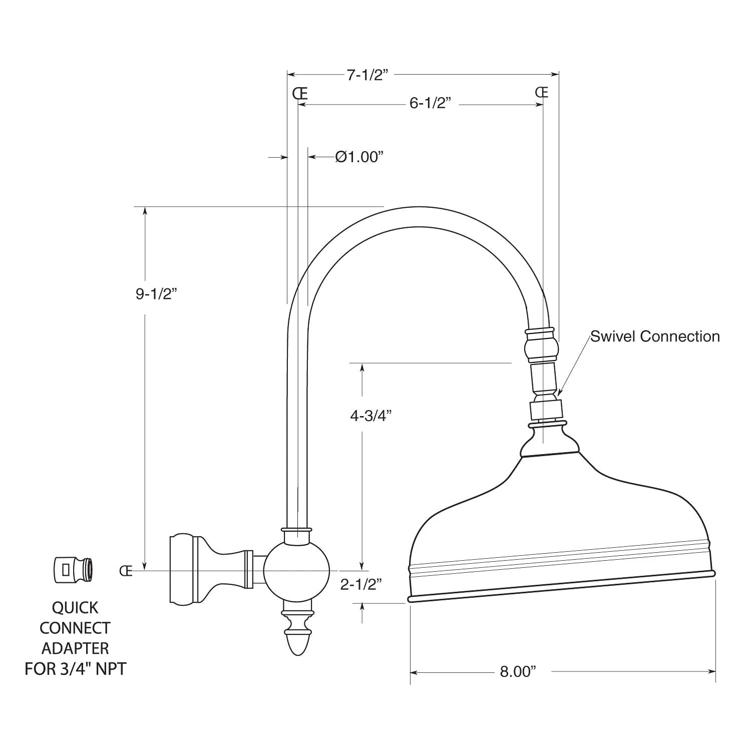 3/4" Semi-Exposed Thermostatic Shower System with 8" Shower Head and Arched Shower Arm