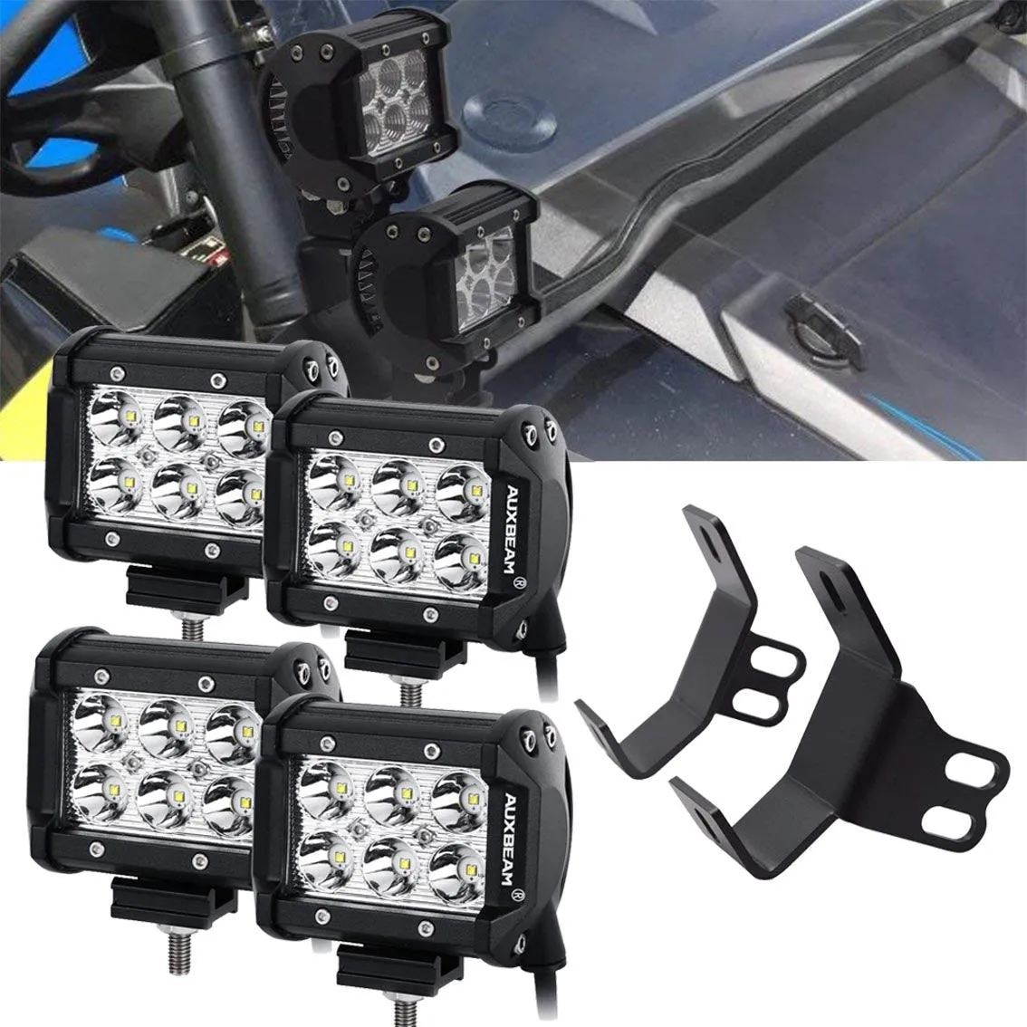 4 inch LED Pod Lights&Double-layer Pillar Mounting Bracket for 14-21 Polaris RZR XP 1000, 15-19 Polaris RZR 900