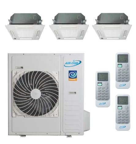 Air-Con 36,000 BTU 20 SEER 3-Zone Ceiling Cassette 9K 9K 12K Mini-Split Heat Pump System