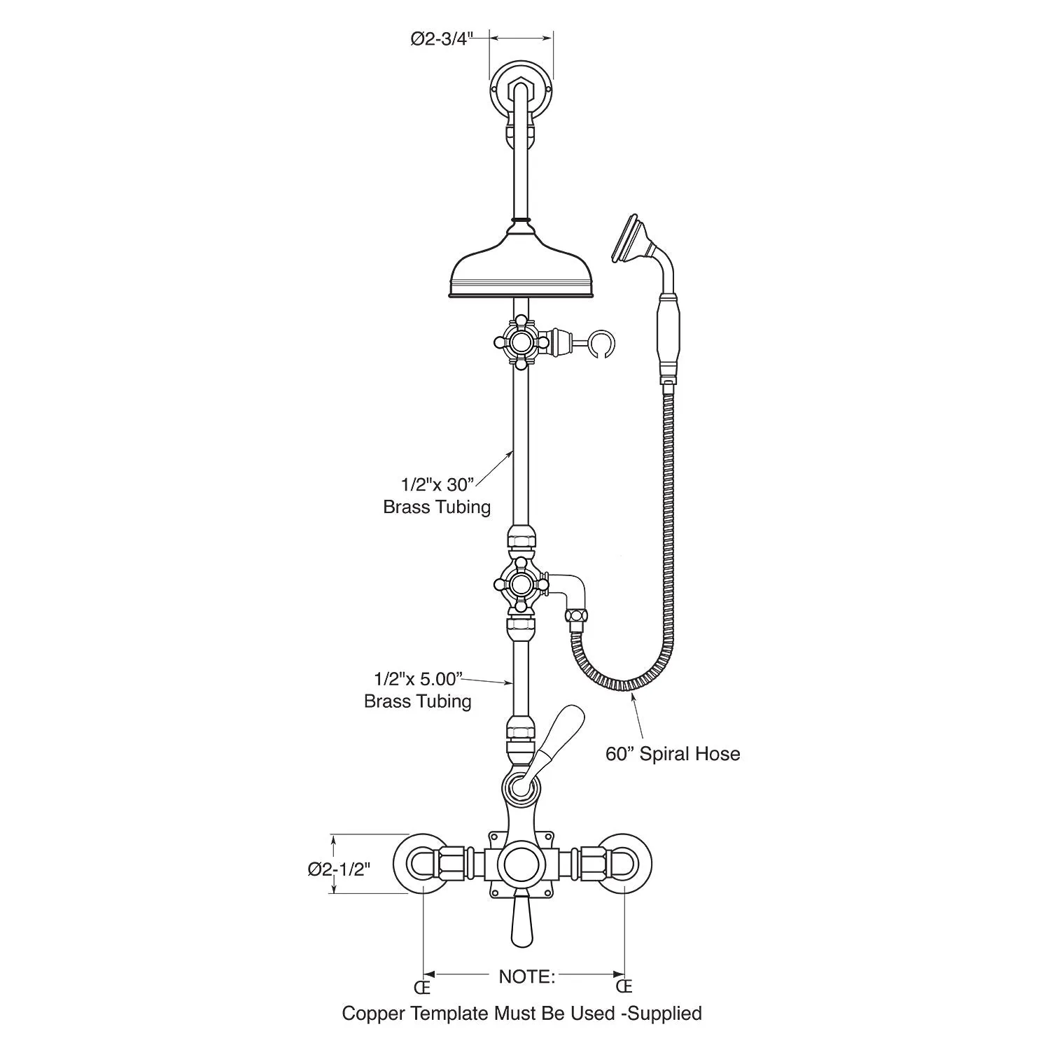 Butler Mill and Brassworks 1/2" Exposed Thermostatic Shower System with 8" Shower Head, Diverter, and Ceramic Handheld Shower