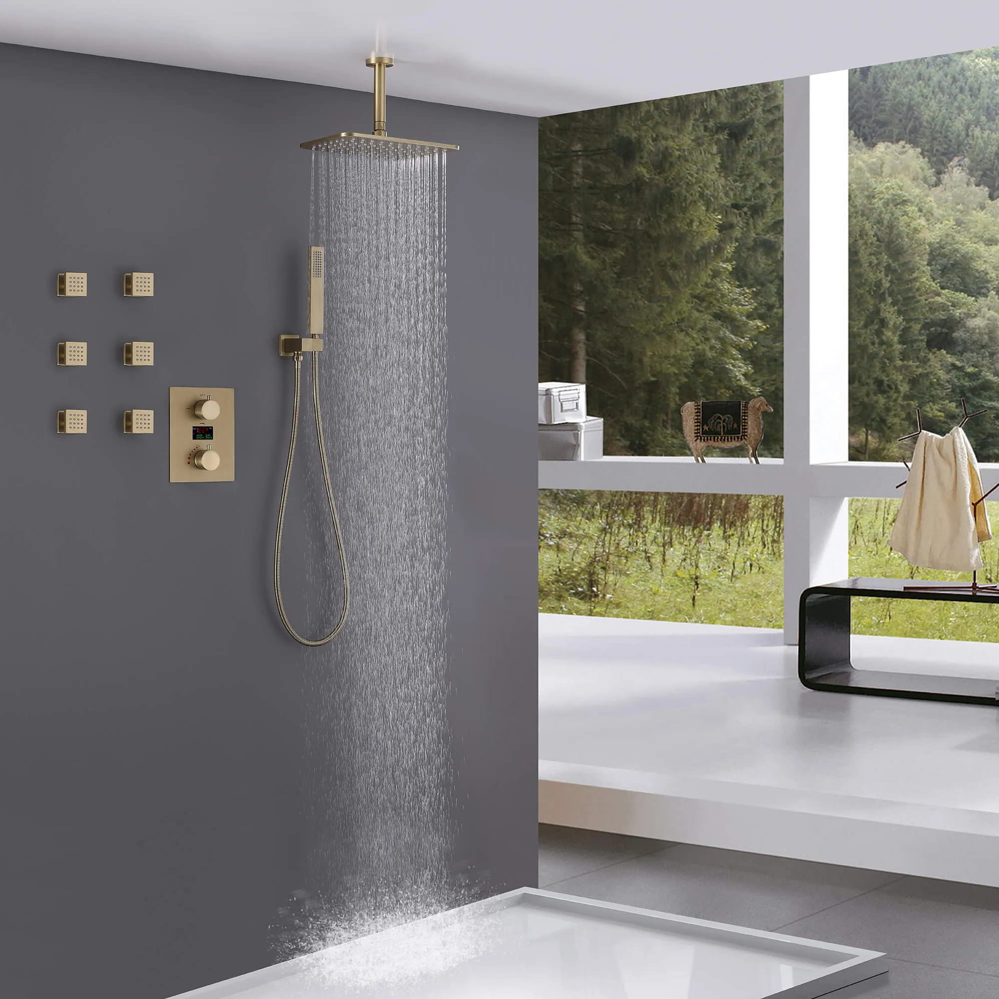 Ceiling Mount Rainfall Shower Head 3 Way Thermostatic Shower Faucet with 6 Body Jets JK0135
