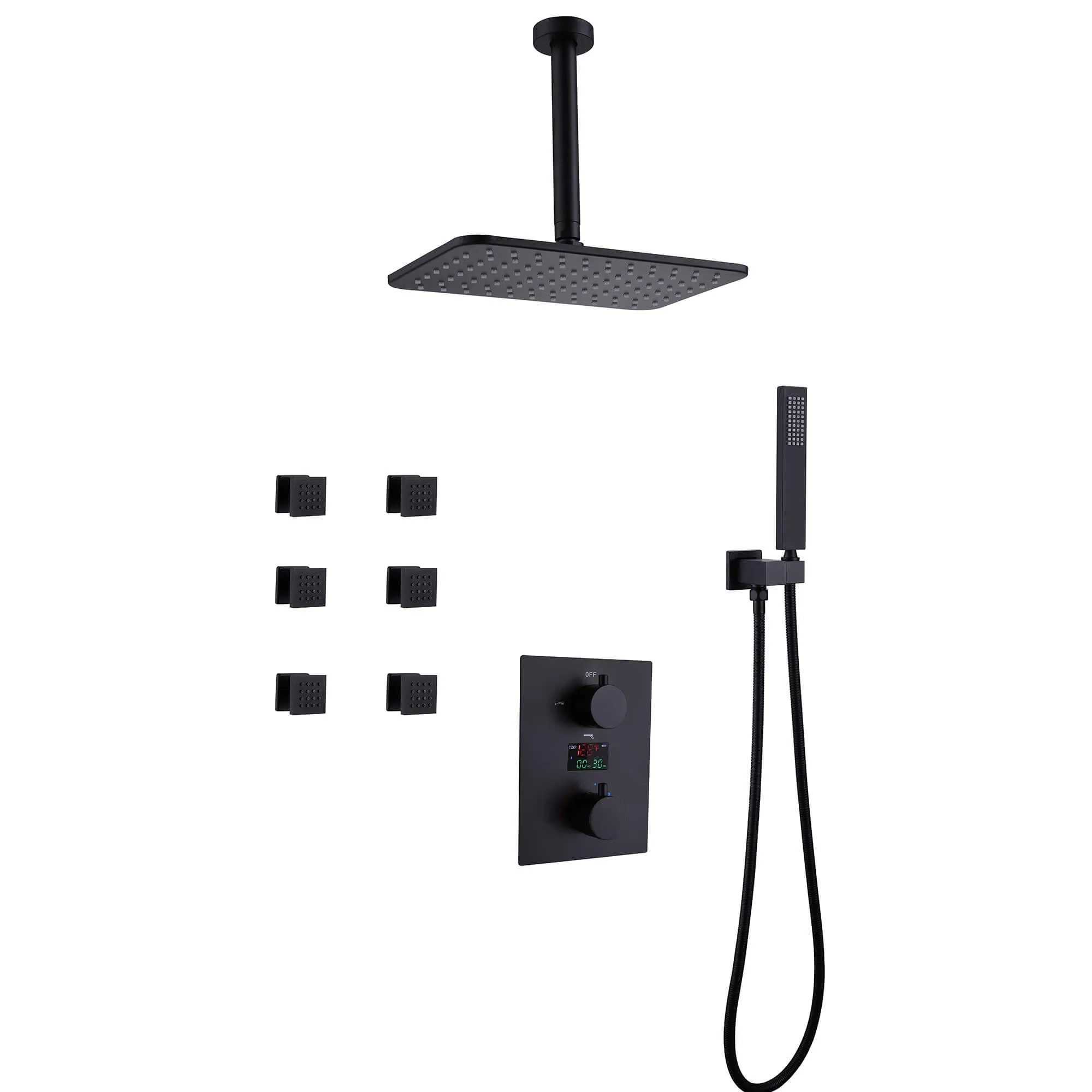 Ceiling Mount Rainfall Shower Head 3 Way Thermostatic Shower Faucet with 6 Body Jets JK0135