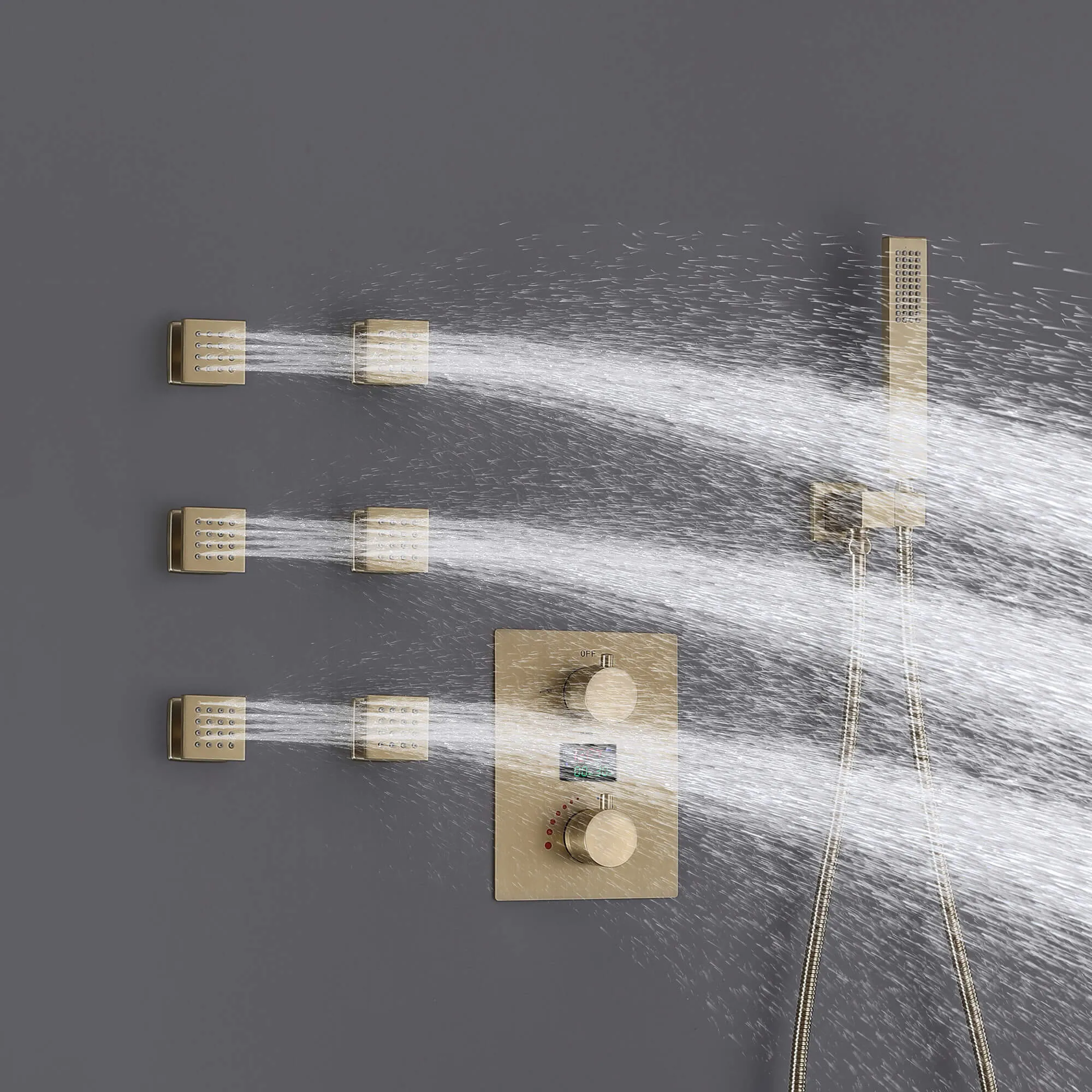 Ceiling Mount Rainfall Shower Head 3 Way Thermostatic Shower Faucet with 6 Body Jets JK0135
