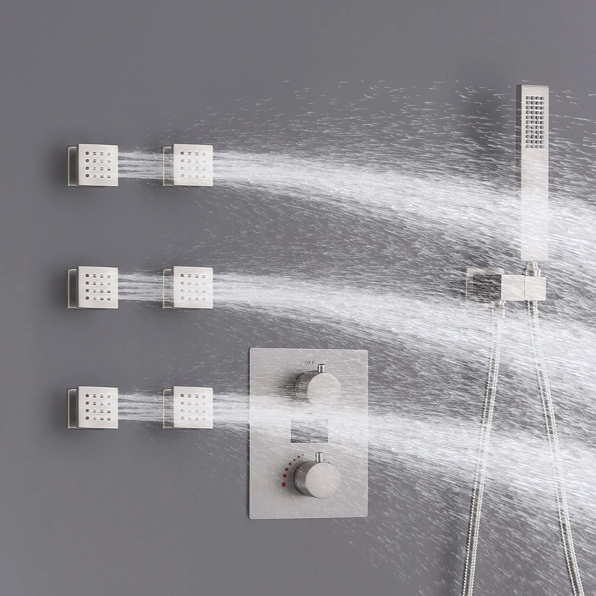Ceiling Mount Rainfall Shower Head 3 Way Thermostatic Shower Faucet with 6 Body Jets JK0135