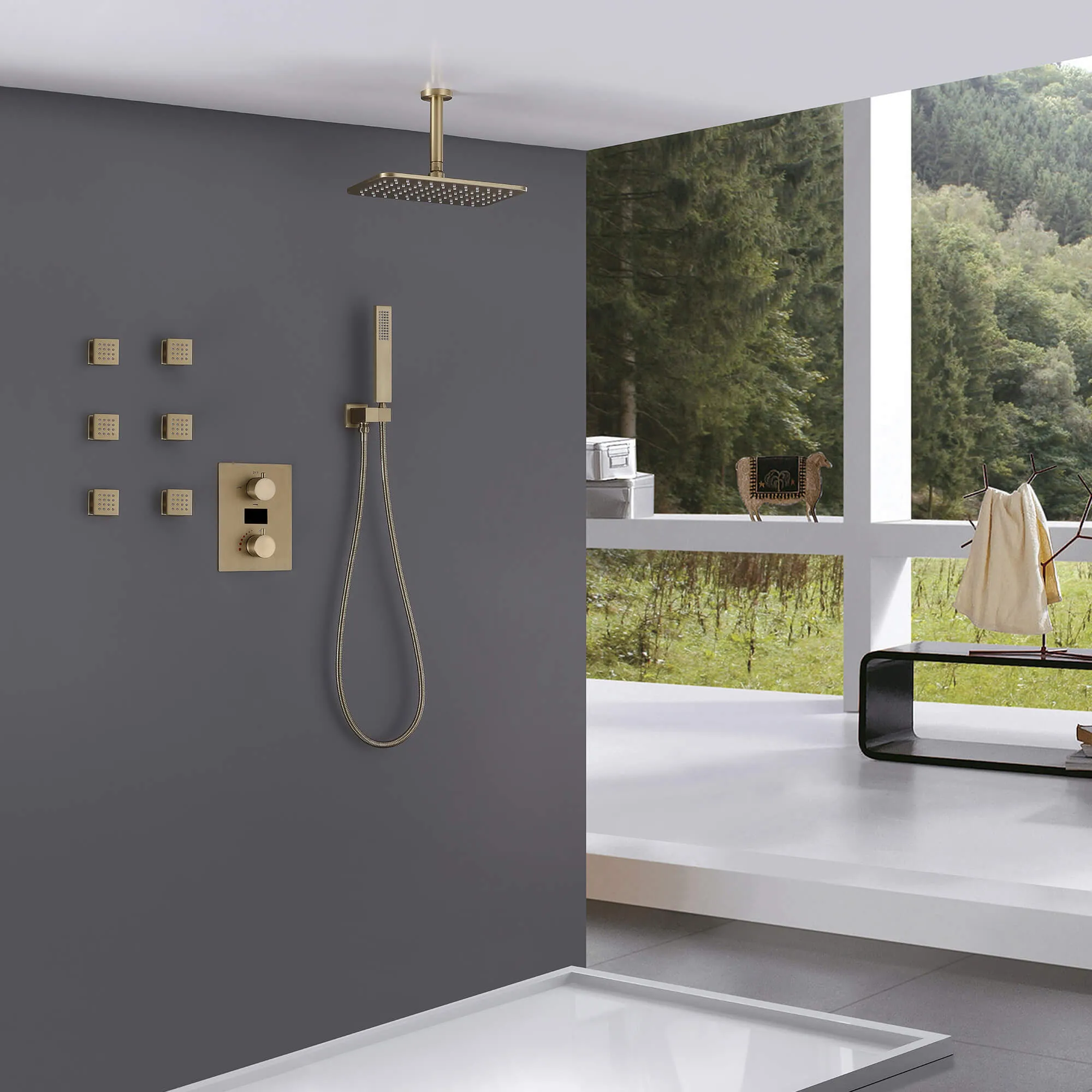 Ceiling Mount Rainfall Shower Head 3 Way Thermostatic Shower Faucet with 6 Body Jets JK0135