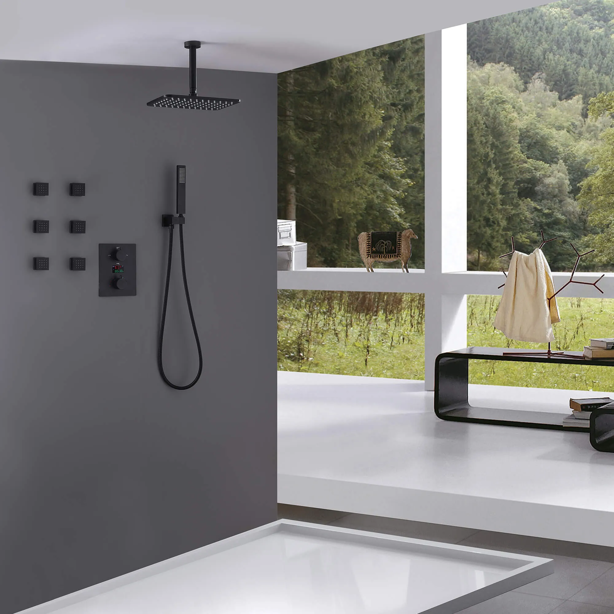 Ceiling Mount Rainfall Shower Head 3 Way Thermostatic Shower Faucet with 6 Body Jets JK0135
