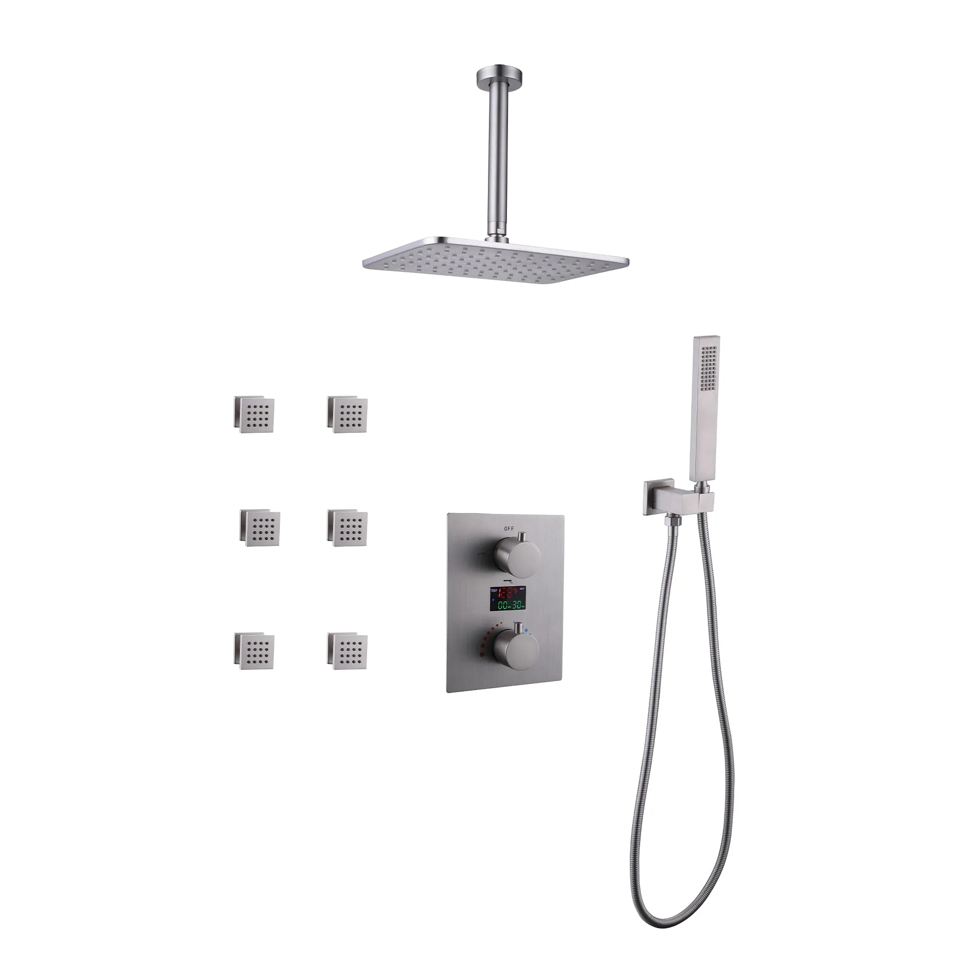 Ceiling Mount Rainfall Shower Head 3 Way Thermostatic Shower Faucet with 6 Body Jets JK0135