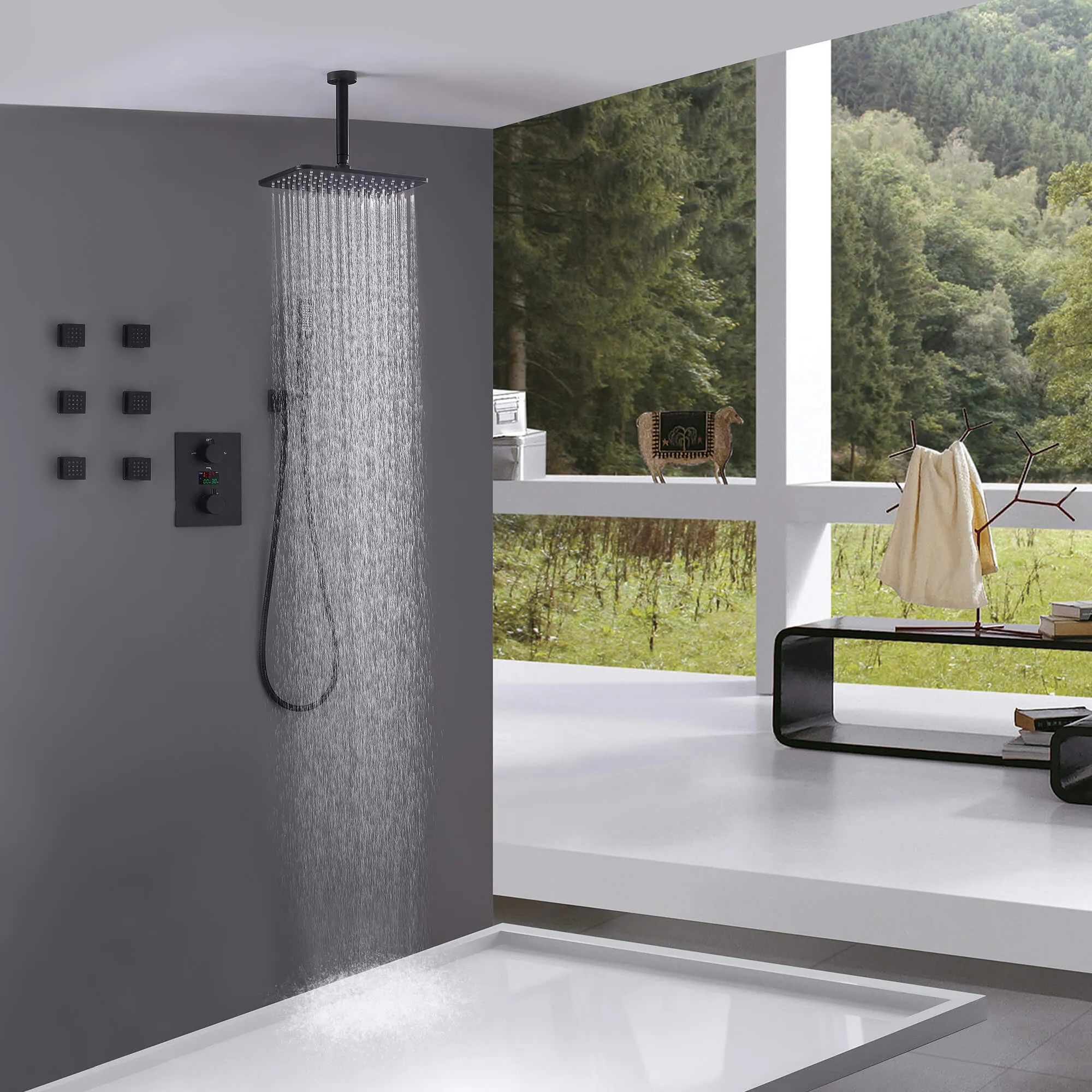 Ceiling Mount Rainfall Shower Head 3 Way Thermostatic Shower Faucet with 6 Body Jets JK0135