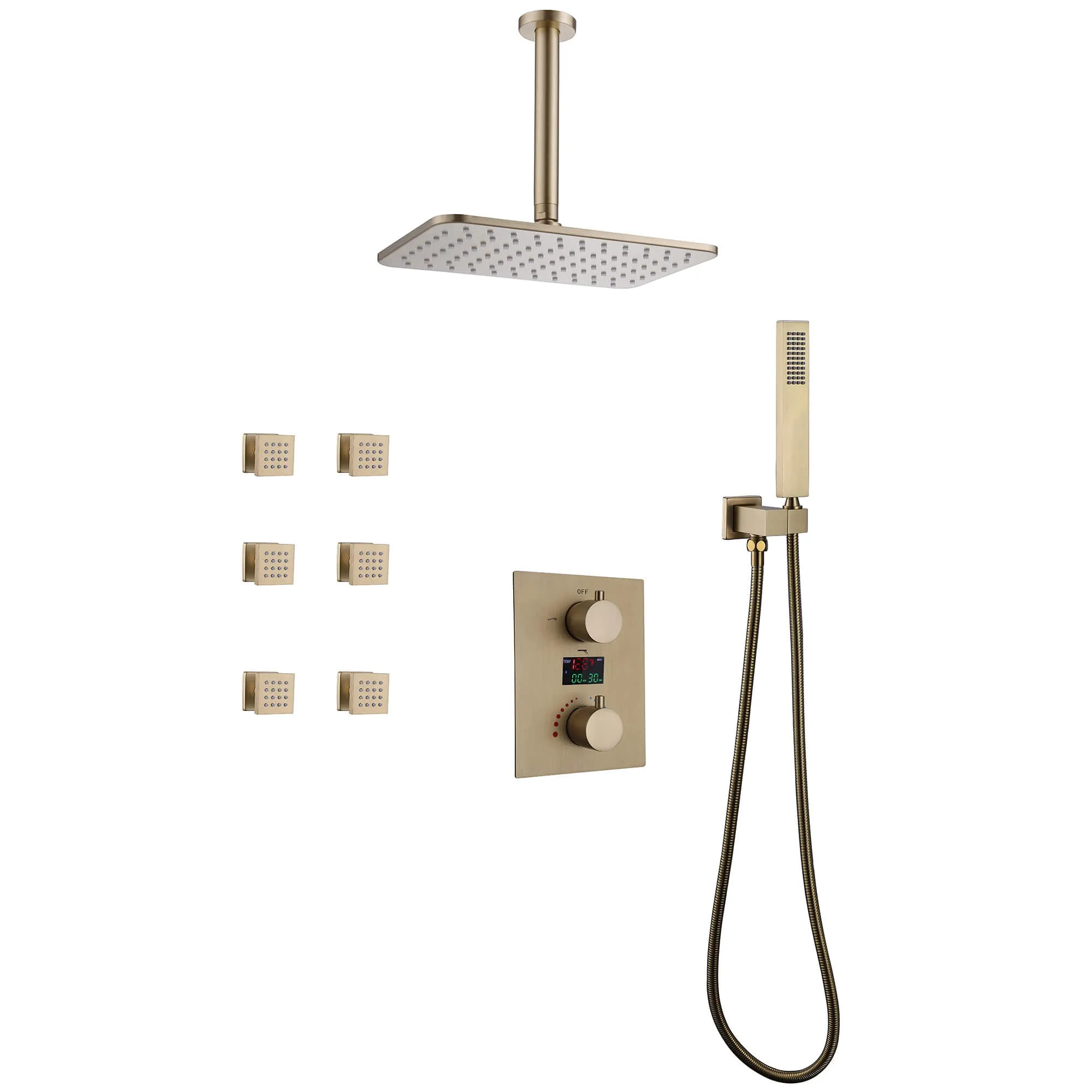 Ceiling Mount Rainfall Shower Head 3 Way Thermostatic Shower Faucet with 6 Body Jets JK0135
