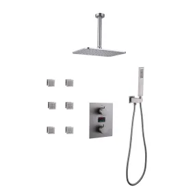 Ceiling Mount Rainfall Shower Head 3 Way Thermostatic Shower Faucet with 6 Body Jets JK0135