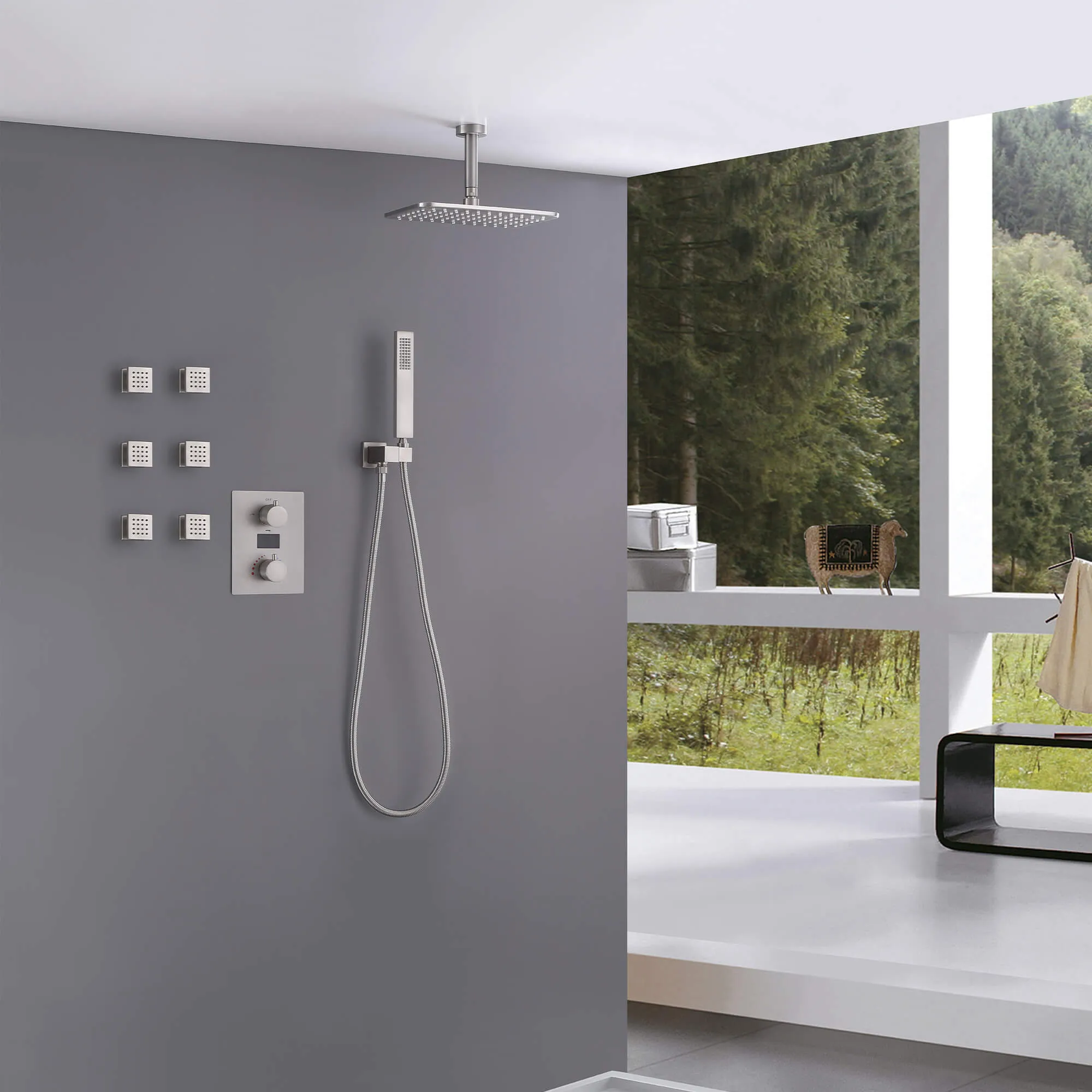 Ceiling Mount Rainfall Shower Head 3 Way Thermostatic Shower Faucet with 6 Body Jets JK0135