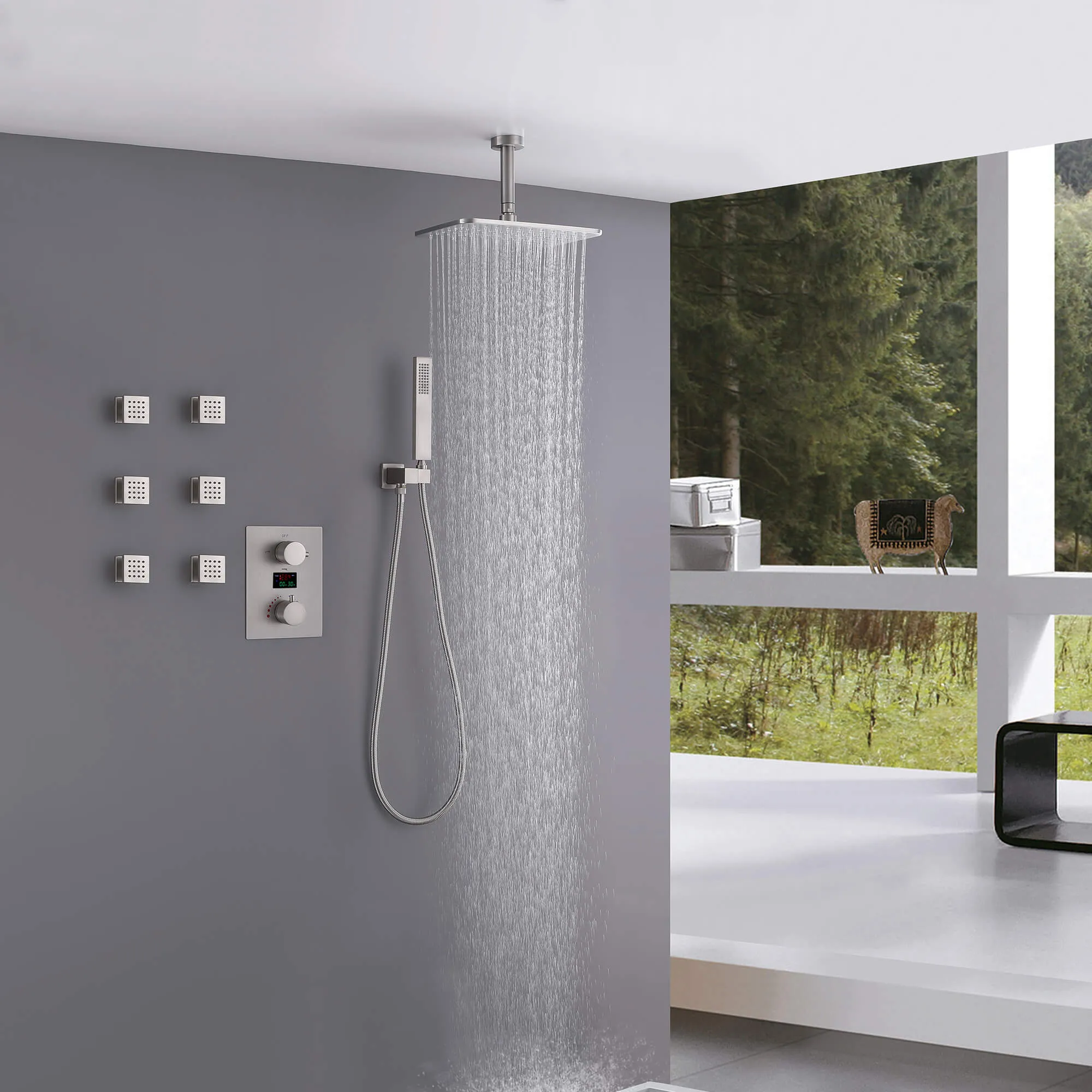 Ceiling Mount Rainfall Shower Head 3 Way Thermostatic Shower Faucet with 6 Body Jets JK0135
