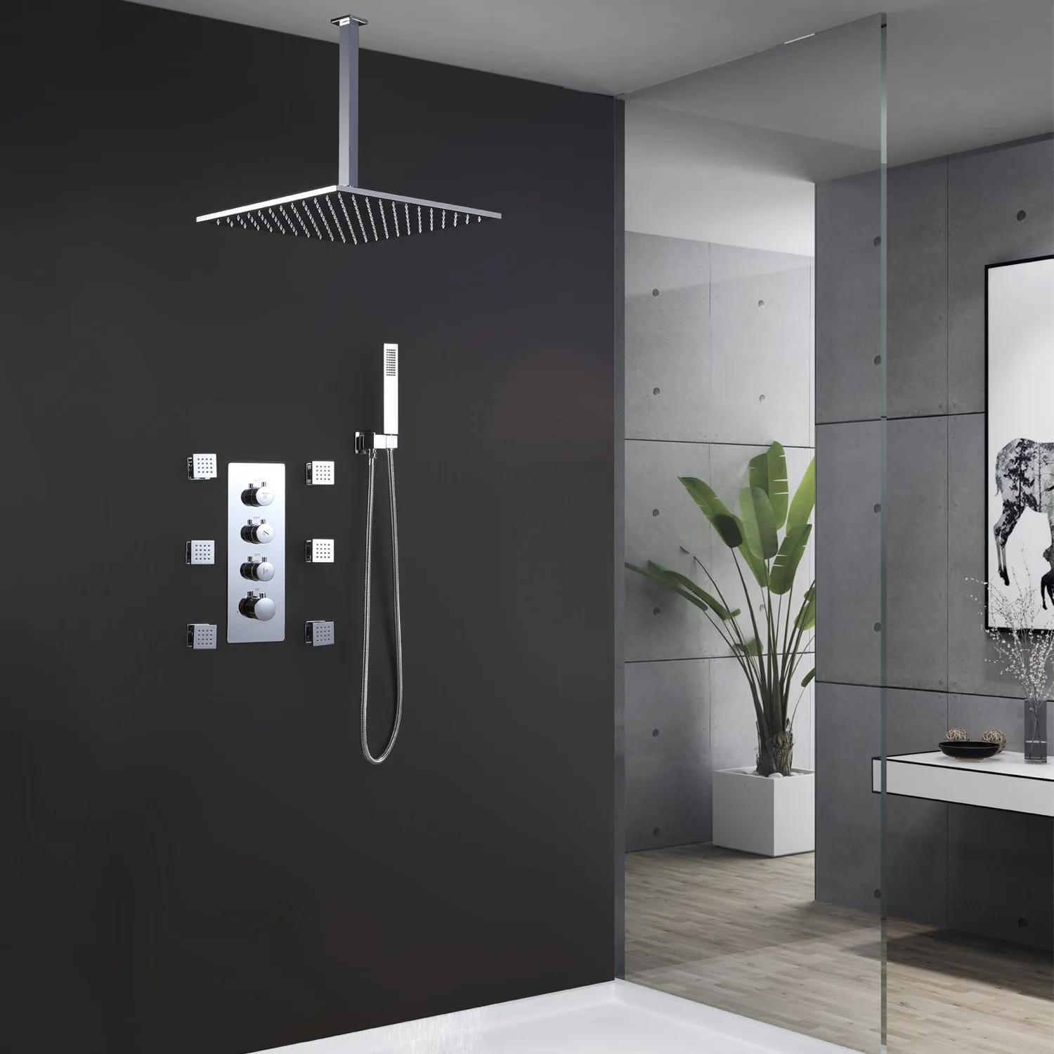 Ceiling Mount Thermostatic Shower Faucet Set with 6 Body Sprays Chrome RB0807